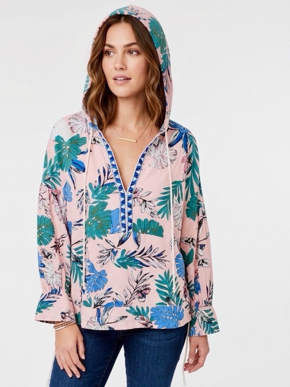 KORI AMERICA Pink Tropical Floral Hoodie Top w Puff Long Sleeves & Front Pocket